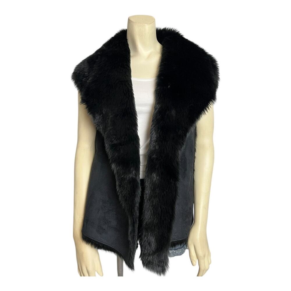 LOFT Shawl Lapel Faux Fur Reversible Vest Black Women's Size M Winter Fashion